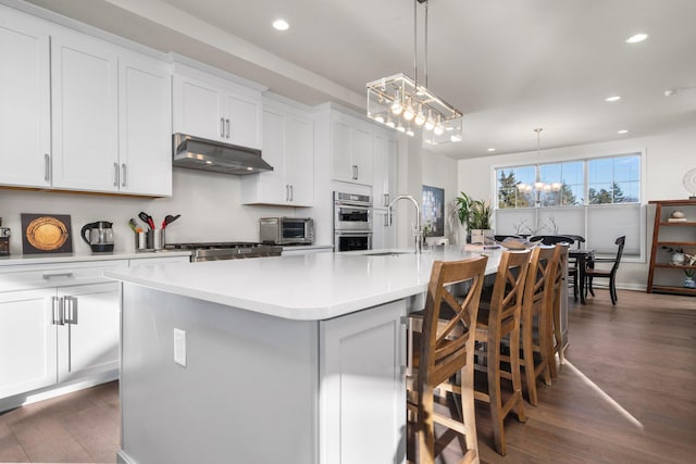 kitchen featuring dark wood-style flooring, a center island with sink, light countertops, a sink, and under cabinet range hood