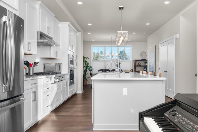 kitchen with a center island with sink, dark wood-type flooring, stainless steel appliances, under cabinet range hood, and a sink