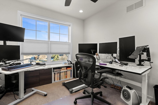 office with ceiling fan, visible vents, and recessed lighting