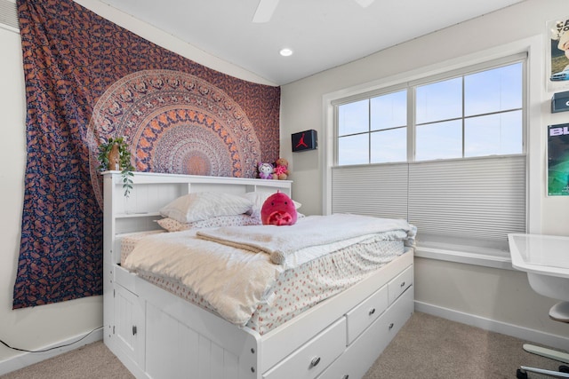 bedroom featuring ceiling fan, baseboards, light colored carpet, and recessed lighting