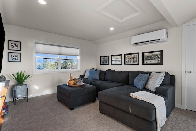 carpeted living room with baseboards, a wall mounted air conditioner, attic access, and recessed lighting