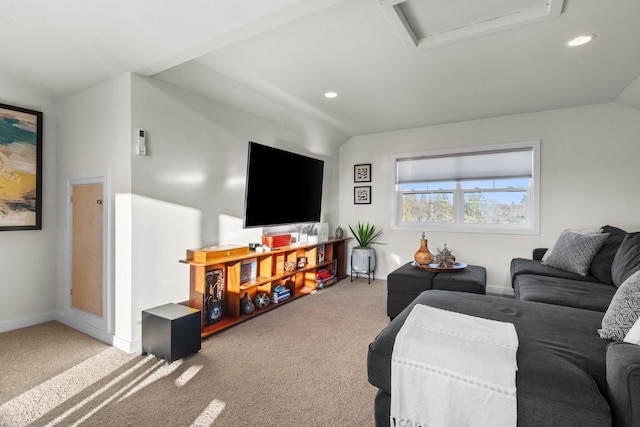 living area featuring lofted ceiling, attic access, carpet flooring, and recessed lighting