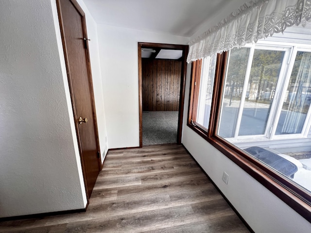 hall with baseboards and wood finished floors