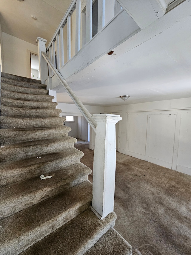 stairway with carpet flooring