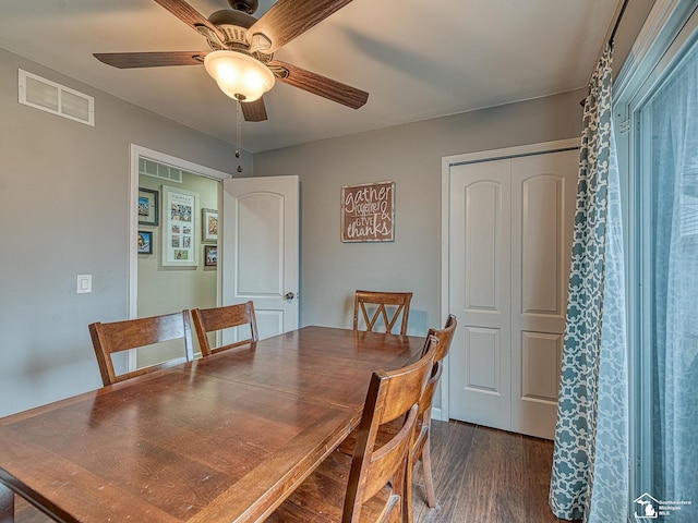 dining area with visible vents, dark wood finished floors, and ceiling fan