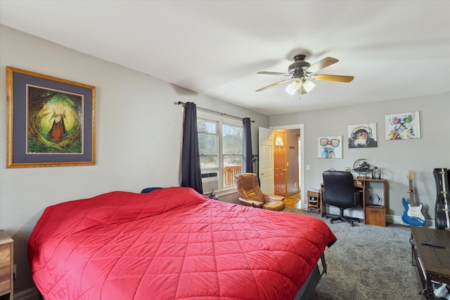 bedroom with carpet floors, ceiling fan, and baseboards