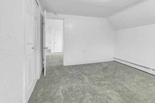 bonus room featuring vaulted ceiling, baseboard heating, and carpet