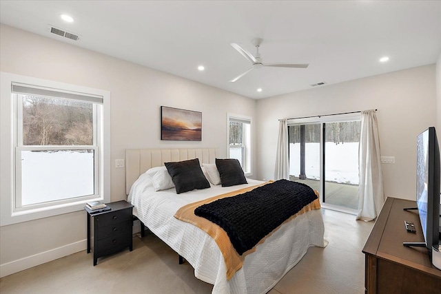 bedroom with access to exterior, visible vents, and recessed lighting