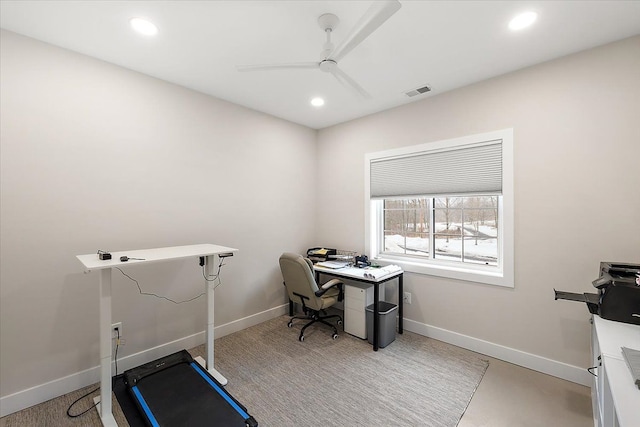 office space with ceiling fan, recessed lighting, visible vents, and baseboards