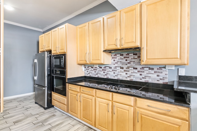 kitchen with tasteful backsplash, dark stone countertops, crown molding, and black appliances