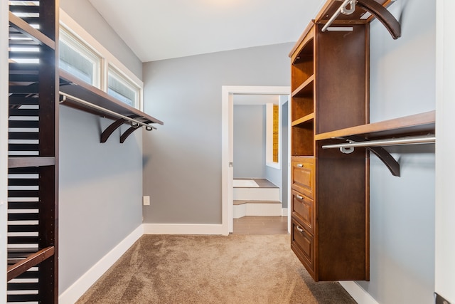 spacious closet featuring lofted ceiling and light colored carpet