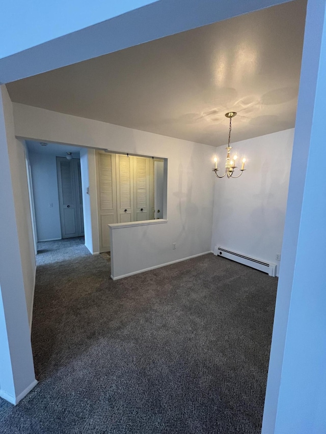 unfurnished room featuring baseboards, dark colored carpet, baseboard heating, and an inviting chandelier