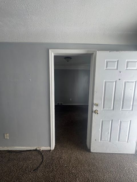 hall featuring a textured ceiling, carpet, and baseboards