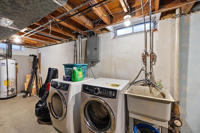 clothes washing area featuring laundry area, a sink, water heater, electric panel, and washing machine and clothes dryer