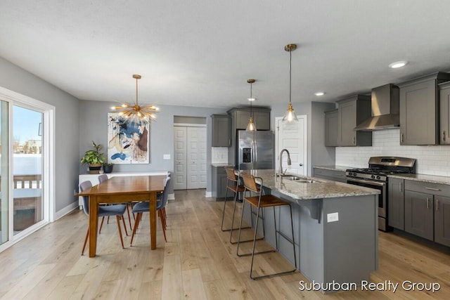 kitchen with decorative light fixtures, a sink, appliances with stainless steel finishes, wall chimney exhaust hood, and a center island with sink