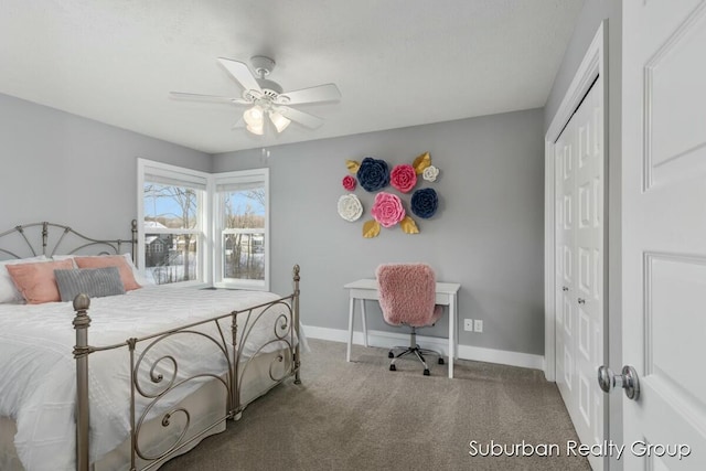 bedroom featuring light carpet, a closet, a ceiling fan, and baseboards