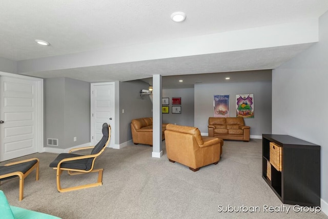 living room with recessed lighting, carpet flooring, visible vents, and baseboards