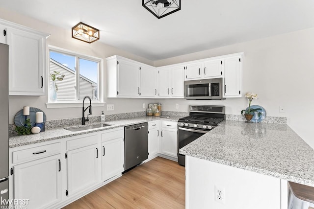 kitchen featuring a peninsula, white cabinetry, appliances with stainless steel finishes, and a sink