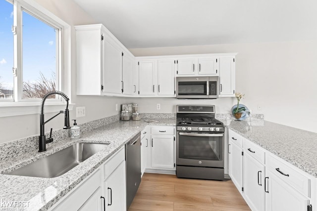 kitchen featuring stainless steel appliances, a healthy amount of sunlight, a sink, and light wood-style flooring