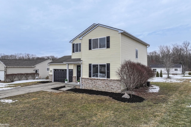 traditional-style house featuring a garage, concrete driveway, brick siding, and a front lawn