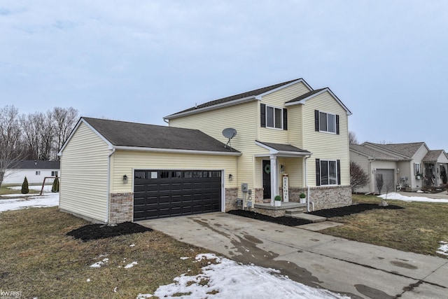 traditional-style home featuring an attached garage, a shingled roof, concrete driveway, and brick siding