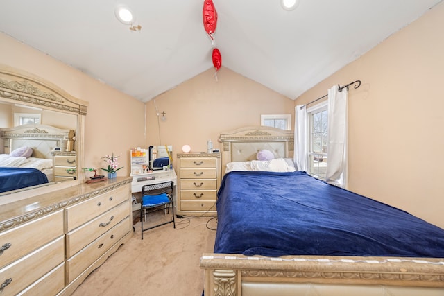 bedroom with lofted ceiling, light carpet, and recessed lighting