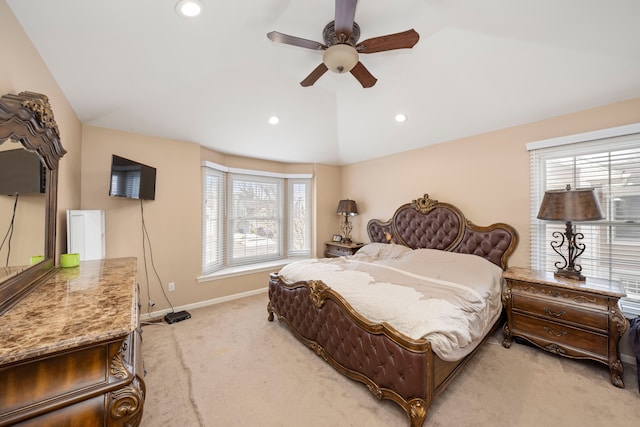 bedroom featuring lofted ceiling, recessed lighting, a ceiling fan, light carpet, and baseboards