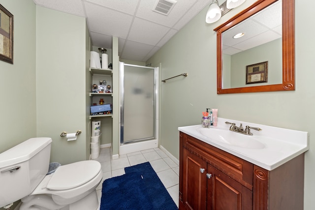 full bath featuring toilet, a stall shower, tile patterned flooring, and visible vents