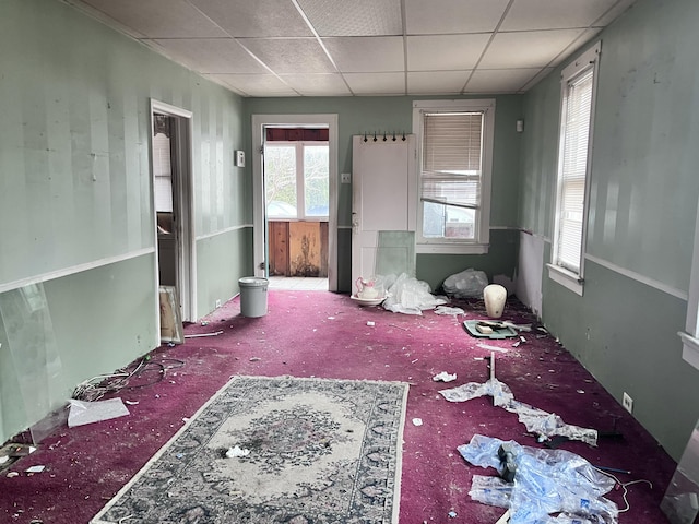 interior space with a paneled ceiling and carpet flooring