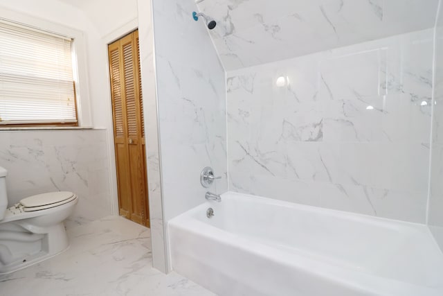 full bath featuring a closet, shower / tub combination, marble finish floor, and toilet