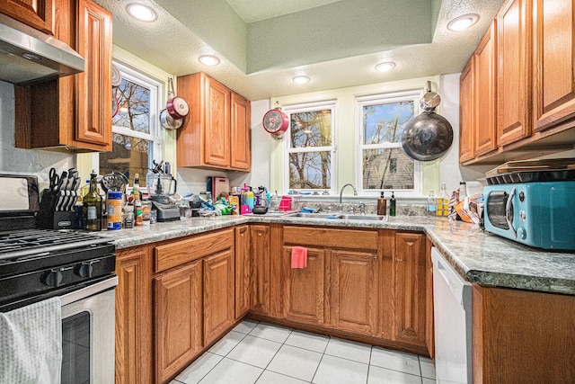 kitchen with dishwasher, gas range, brown cabinets, under cabinet range hood, and a sink