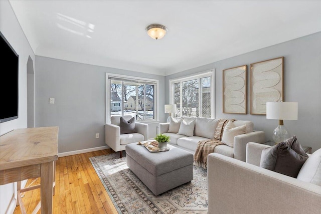 living area with wood-type flooring and baseboards