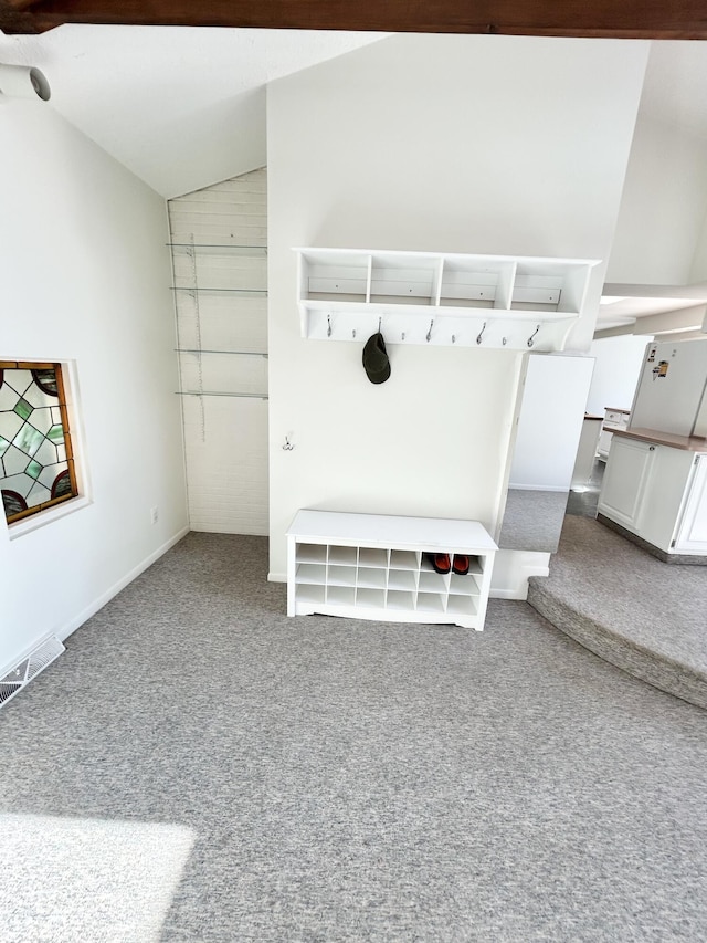 mudroom with carpet flooring, vaulted ceiling, and visible vents