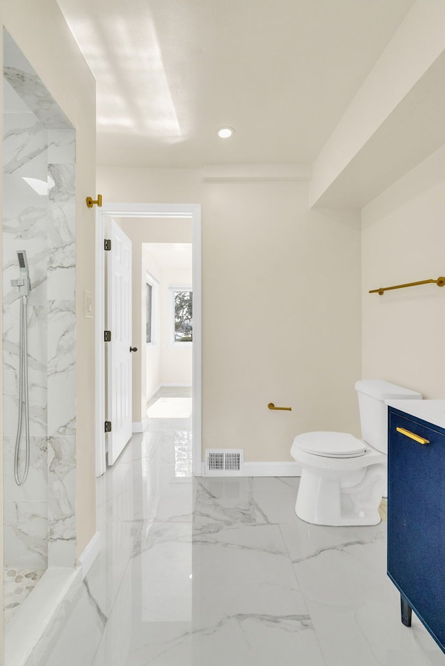 bathroom with a marble finish shower, visible vents, toilet, marble finish floor, and recessed lighting