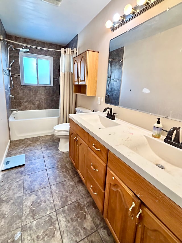 bathroom featuring shower / bath combo, a sink, toilet, and tile patterned floors