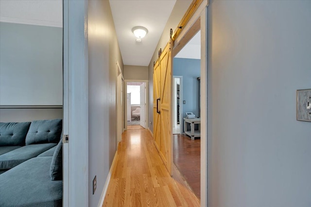 3912 Alex Ct, Oxford, MI 48371 - corridor with light wood-style floors, a barn door, and baseboards