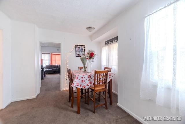 dining space featuring a textured ceiling, baseboards, and carpet flooring