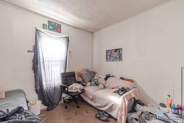 carpeted bedroom with a textured ceiling