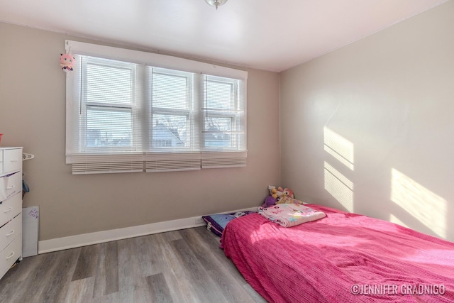 bedroom featuring multiple windows, wood finished floors, and baseboards