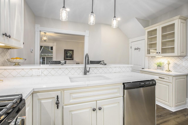 kitchen with dishwasher, range with gas cooktop, dark wood-style floors, glass insert cabinets, and a sink