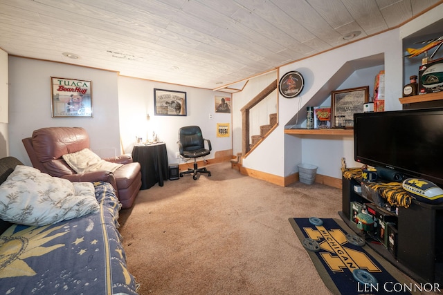 carpeted living room with wooden ceiling, stairway, and baseboards