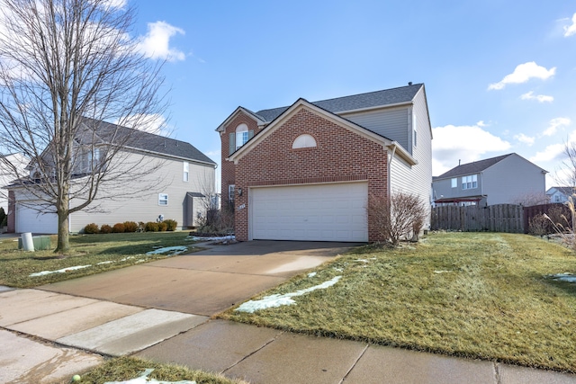 traditional home featuring a garage, brick siding, fence, concrete driveway, and a front yard