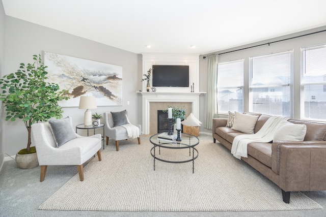 living room featuring carpet and a fireplace