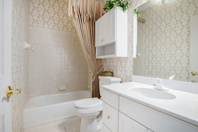 full bath with tile patterned flooring, shower / tub combo with curtain, toilet, and wallpapered walls