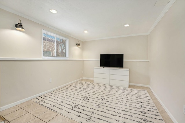 unfurnished living room with baseboards, ornamental molding, and recessed lighting