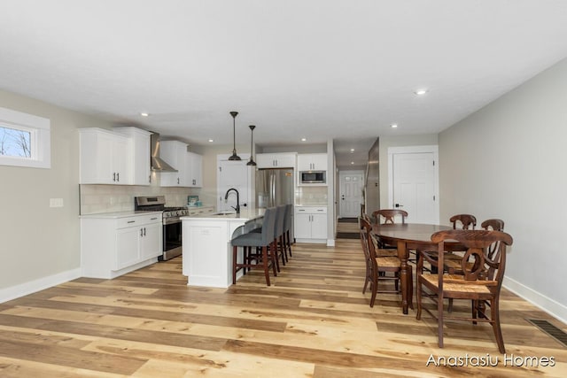 kitchen featuring white cabinets, an island with sink, appliances with stainless steel finishes, light countertops, and a sink