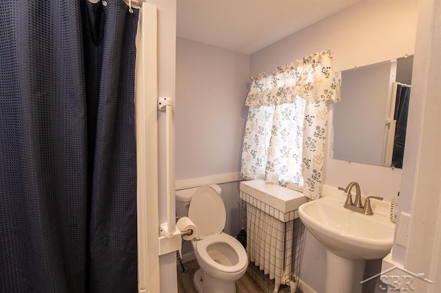 full bathroom featuring a shower with shower curtain, a sink, and toilet