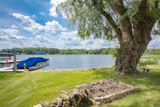 dock area featuring a yard and a water view