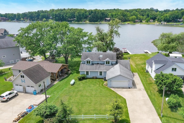 aerial view featuring a water view and a residential view