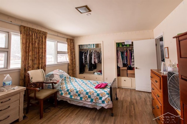 bedroom featuring wood finished floors and multiple closets